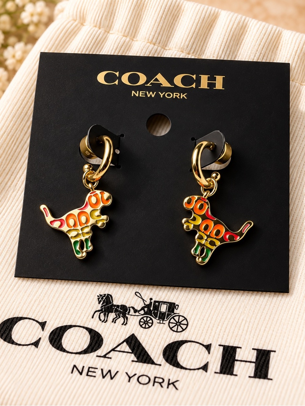 COACH Gold-tone Multicolor Enamel Dinosaur Hoop Earrings
